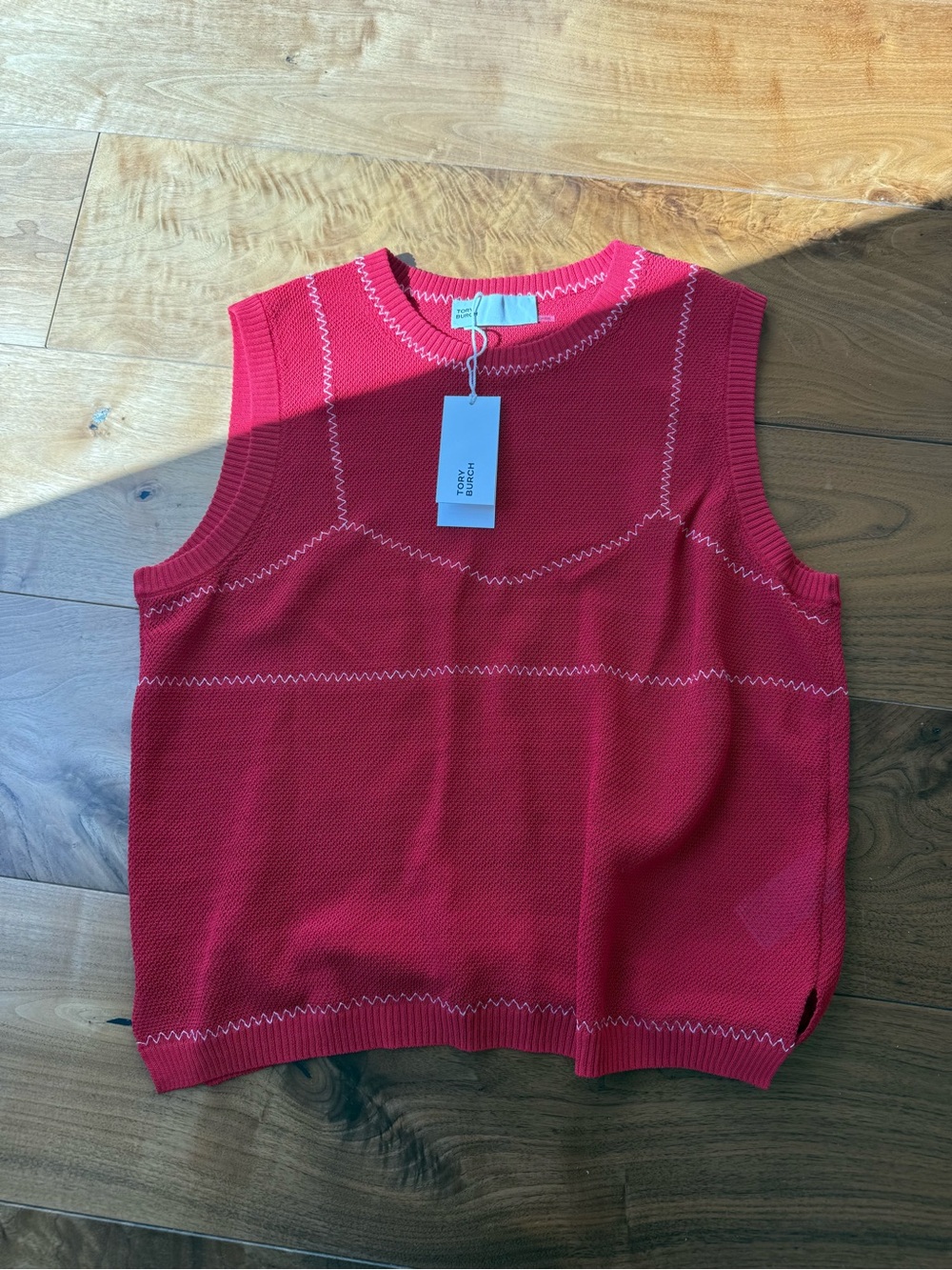 Tory Burch Red Sleeveless Knit Vest with Contrast Stitching